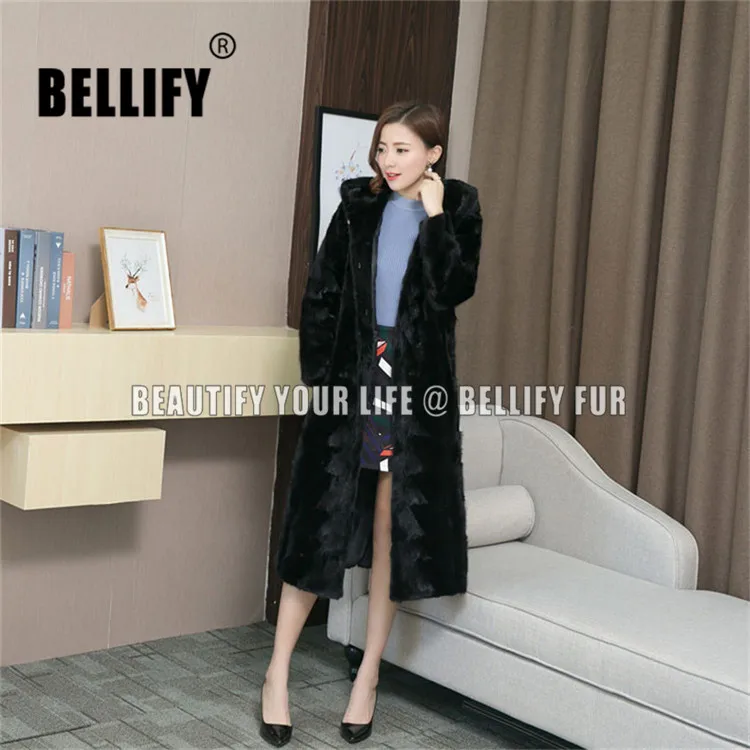 Женский Длинный тренчкот с капюшоном теплый из натурального меха норки