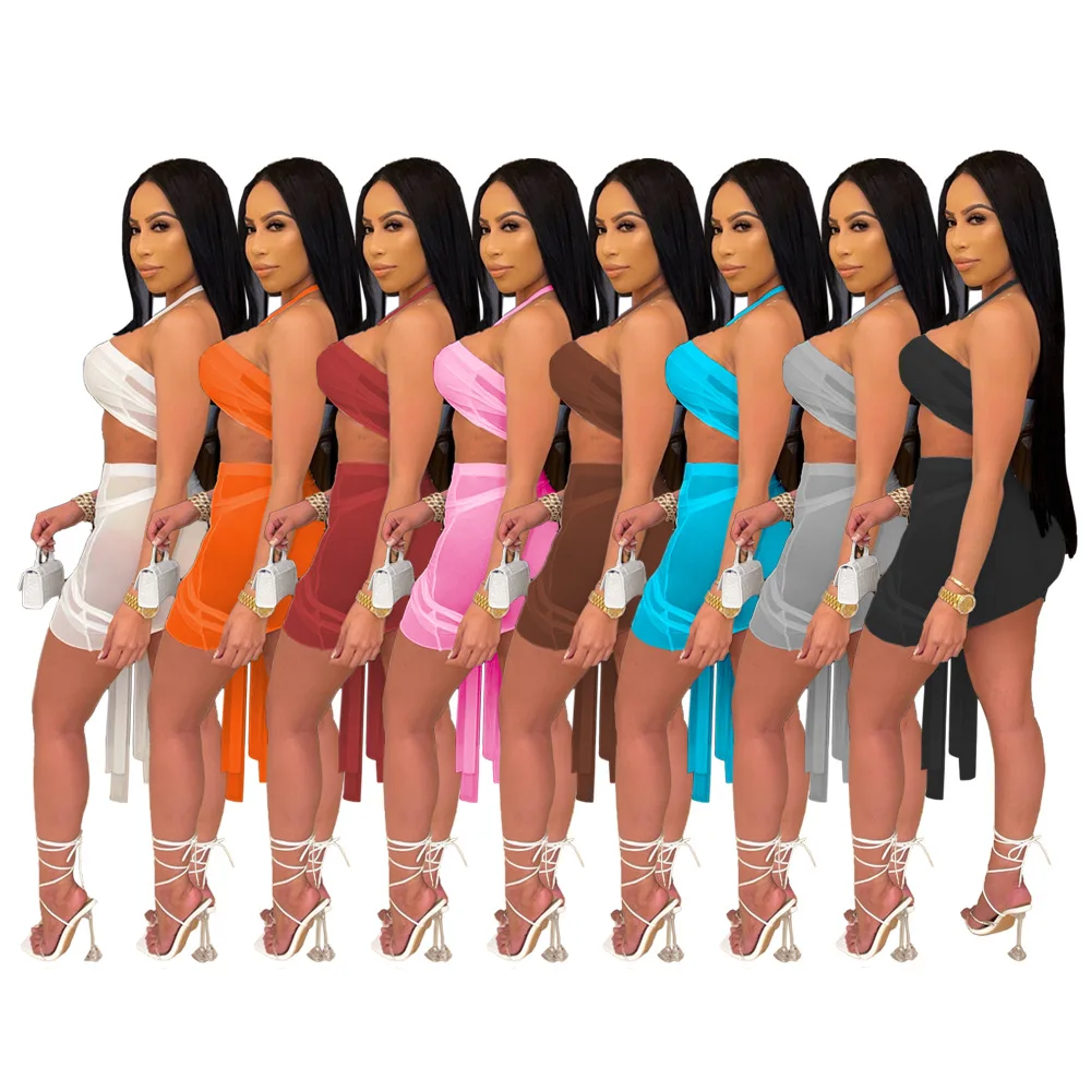 

Women Dress For Summer Suit Beach Swim Wear Cover Up New Perspective Mesh Bandage Two Piece Bra Skirt Set Print Polyester Robe