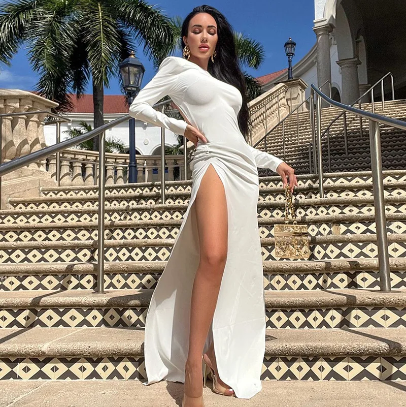

Egirl Aesthetic Sexy Maxi Dress Autumn Solid Color Backless Slit Slim High Waist Long Sleeve Dress for Women Party Evening Dress