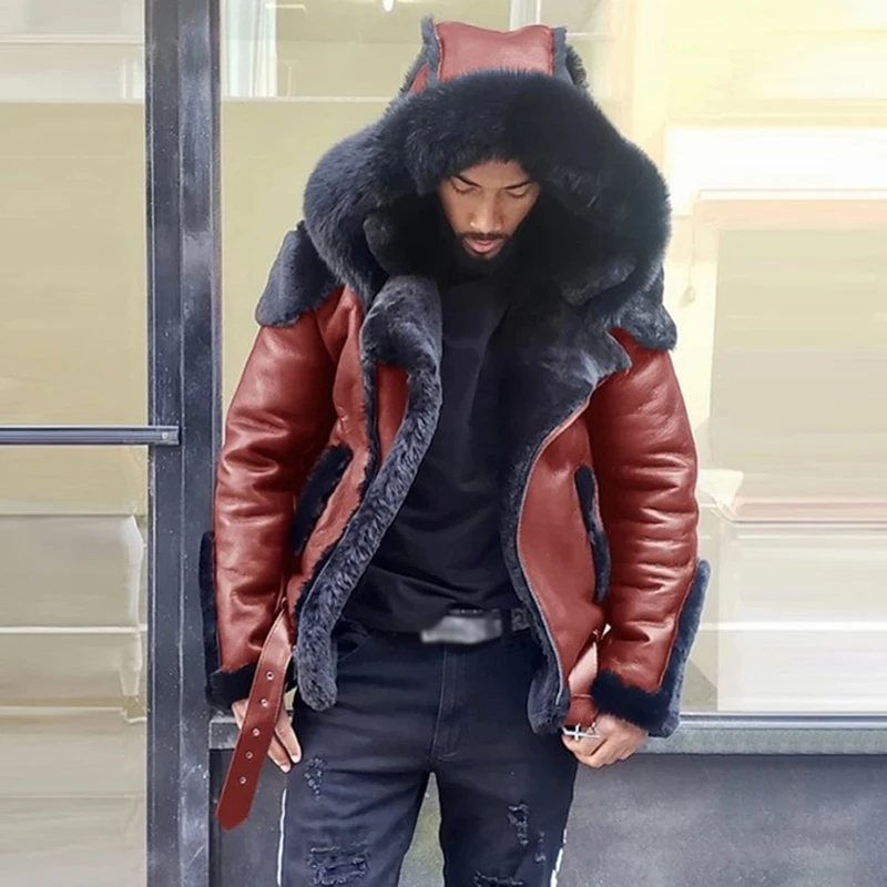 

Faux Fur Jacket Men Winter Thick Hooded Zipper Jacket Windproof Overcoat Plus Size Faux Lamb Fur Jacket Long Sleeve Cotton Cloth