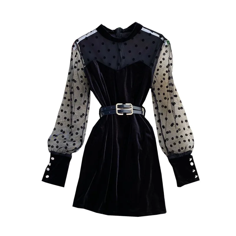 

Spring Autumn New Temperament Fashion Short Dress Polka Dot Mesh Puff Sleeve Stitching Retro Velvet A-line Dress UK661
