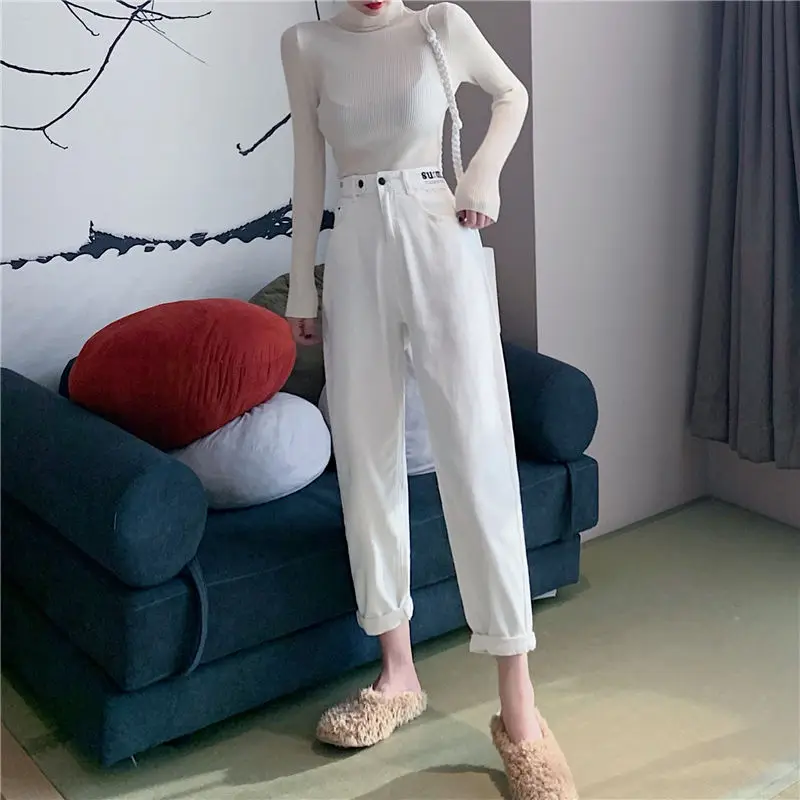 

Women's Spring Autumn Style Harem Pants Women's Letter Embroidery Button Fly Loose Casual Jeans Pants KK0335