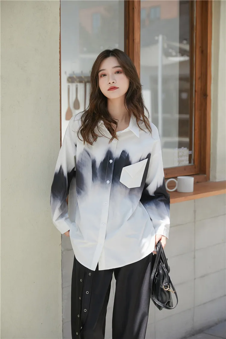 

Tie Dye 2021 Designer Shirt Women Long Sleeve Top And Blouse Button Up Collar Shirt White Contrast Color Korean Fashion C351