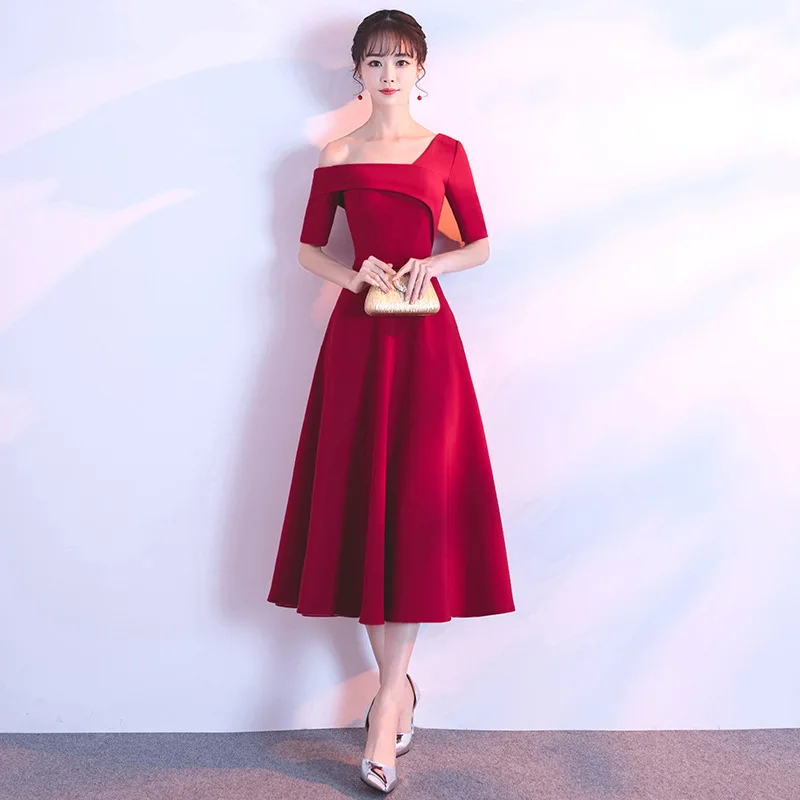 

Burgundy Women Sexy One Shoulder Satin Dresses Bride Bridesmaid Marry Wedding Prom Gown Mid-Length Skirt Slim Short Sleeve Dress