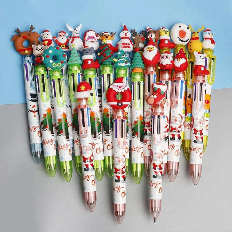 

5PCS Cute Six Color Pen Santa Claus Xmas Cartoon Noel Deer Ballpoint Pen Elementary School Gifts Stationery Merry Christmas Deco