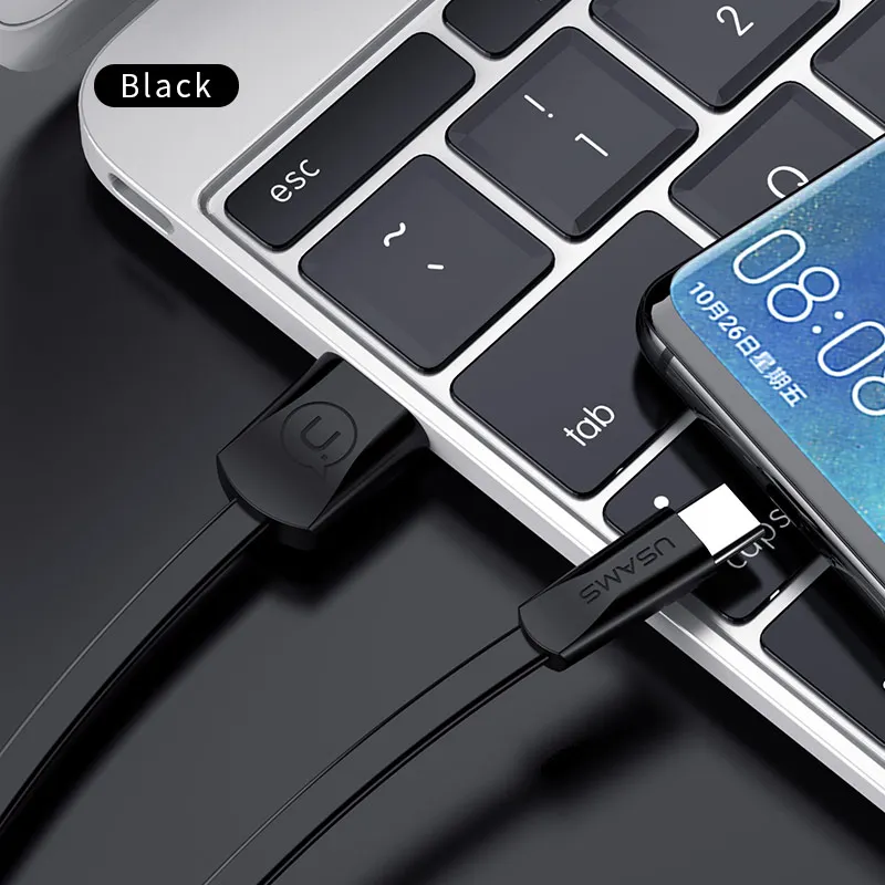 Черный USB C кабель для samsung S8, USAMS usb type c кабель для samsung Note 9 8 S9 Xiaomi 8 USB кабель 2A зарядный кабель для мобильного телефона 2 м 1 м - Цвет: Черный