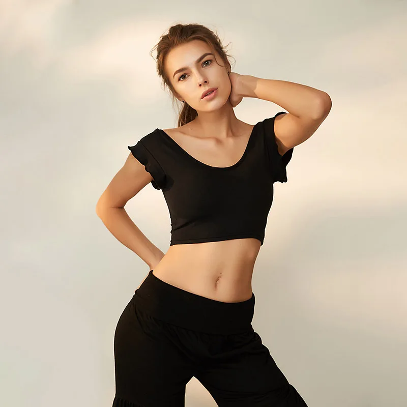 

2021 Low neck short casual Ruffle short sleeve back top sports underwear Yoga bra tops for women sport bra workout tops