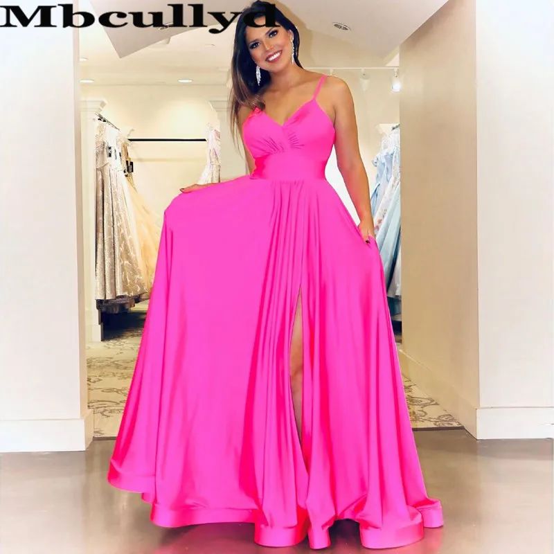 

Mbcullyd Fuchsia Satin Prom Dresses 2020 Long Sexy Side Split Evening Party Gowns For Women Cheap Plus Size robe de soiree