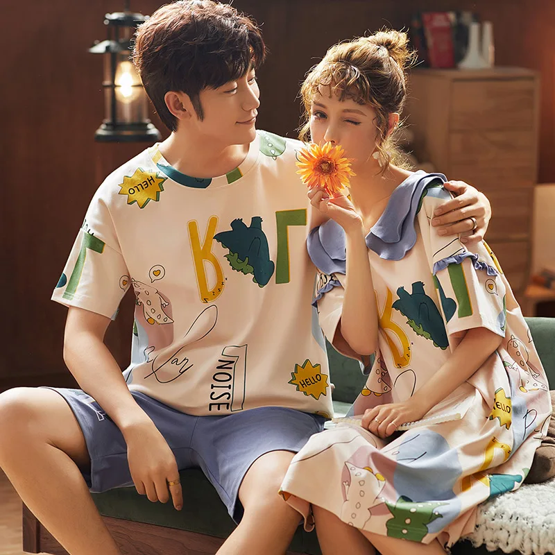 Новые летние пижамы для пар 100% хлопок милые повседневные мужские с круглым
