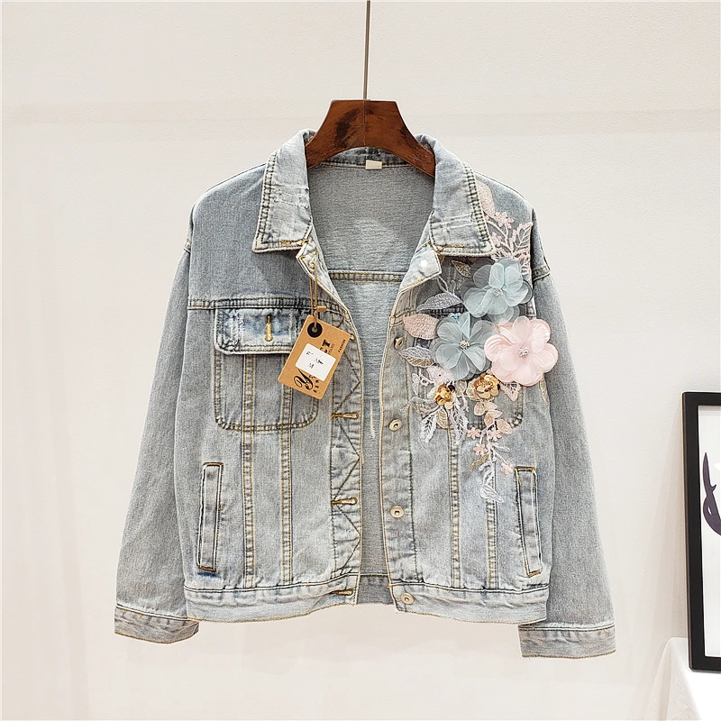 

Spring Autumn Embroidery Flower Short Denim Women Casual Outwear Vintage Washed Blue Long Sleeve Jeans Jacket Coat Female