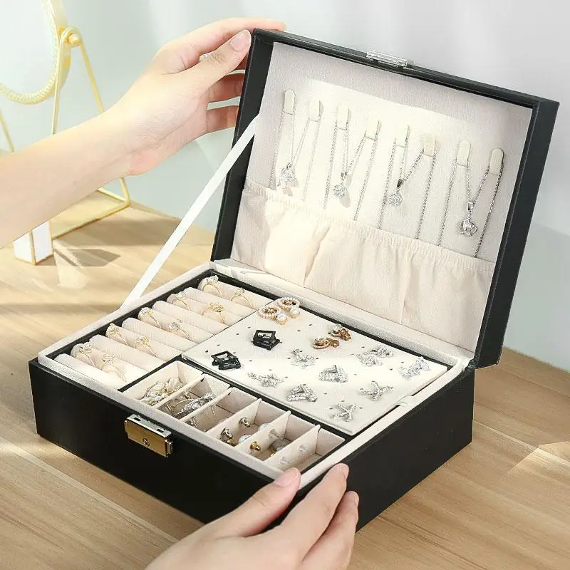 

2021 New Double-Layer Velvet Jewelry Box High Capacity Leather Korean Jewelry Storage Box Large Space Jewelry Holder Gift Box