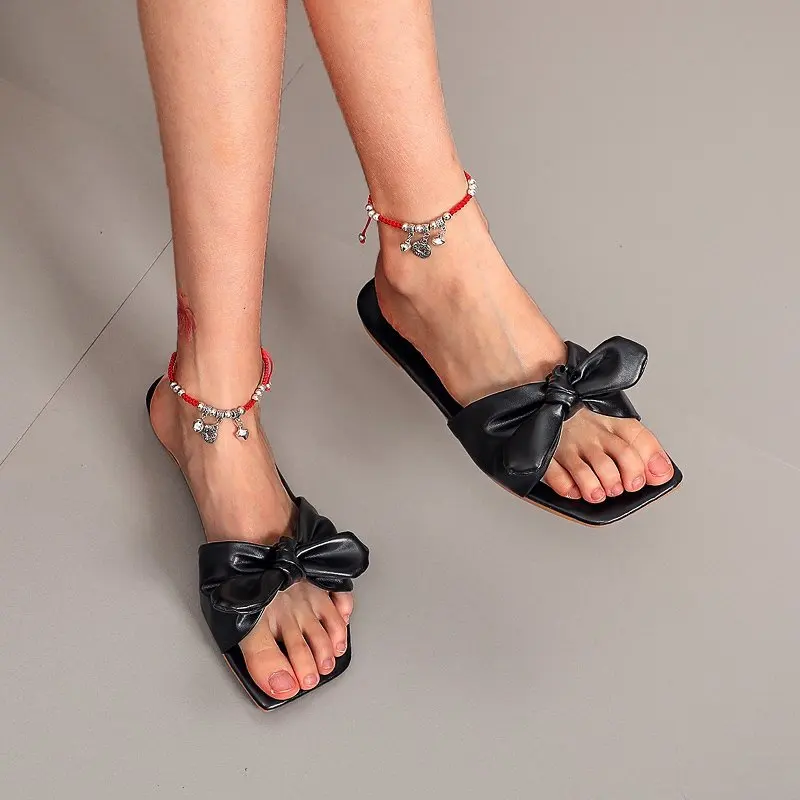 

Ladies summer slippers flat shoes 2021 new fashion home slippers flat shoes ladies square toe bow decoration, plus size35-43