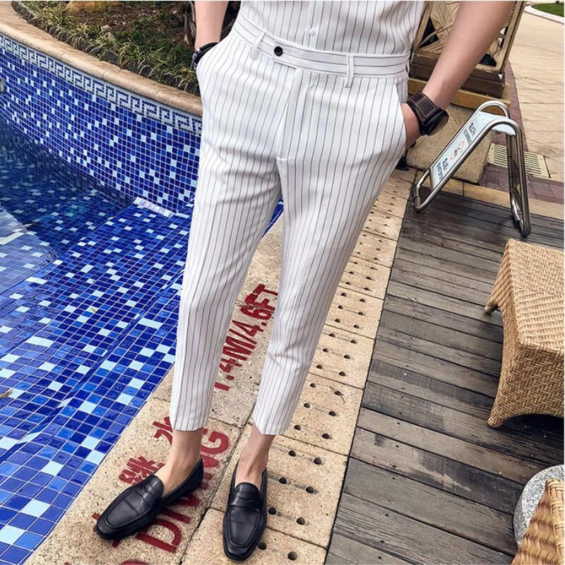 

2021 Men stripe Pants Slim Fit Midwaist Trousers Classic Vintage Check Suit Male Wedding Pants Men Business Formal Trousers 35