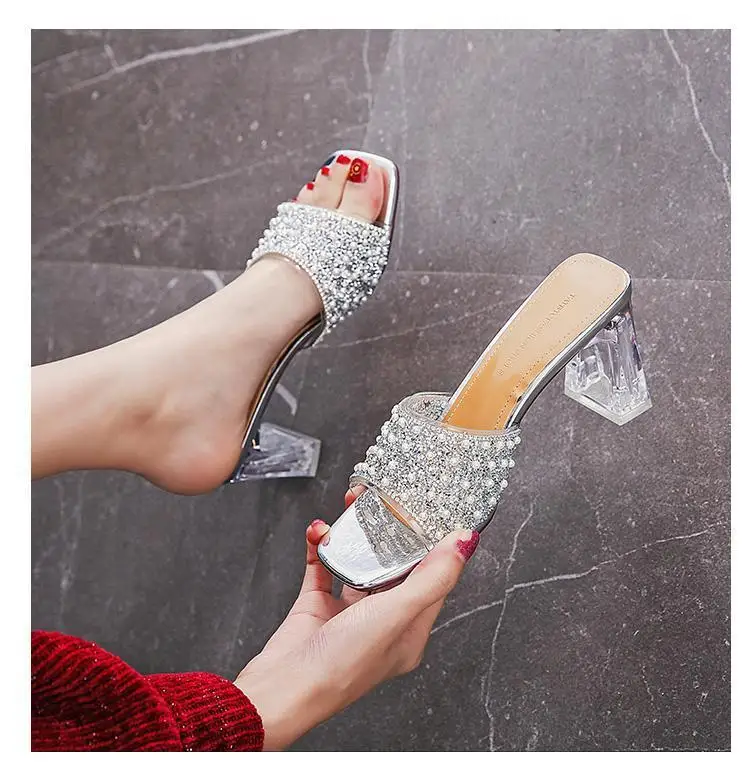 

Open-toe sandals Pearl Sequined Slippers Women's Crystal thick-Heeled Sandals And Slippers Two-wear Sandals High-heeled Shoe