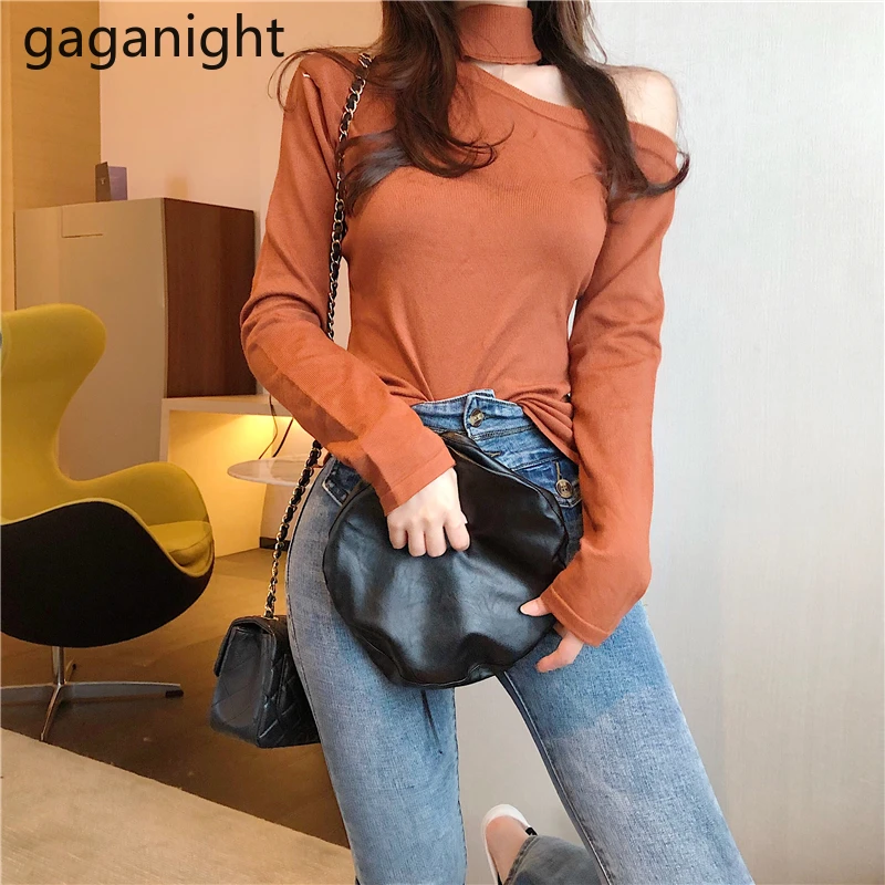 Gaganight Chic Women Sexy Sweater Solid Bottom Pullover Slim Off Shoulder Knitted Lady Korean Pull Femme Fashion Sweaters | Женская