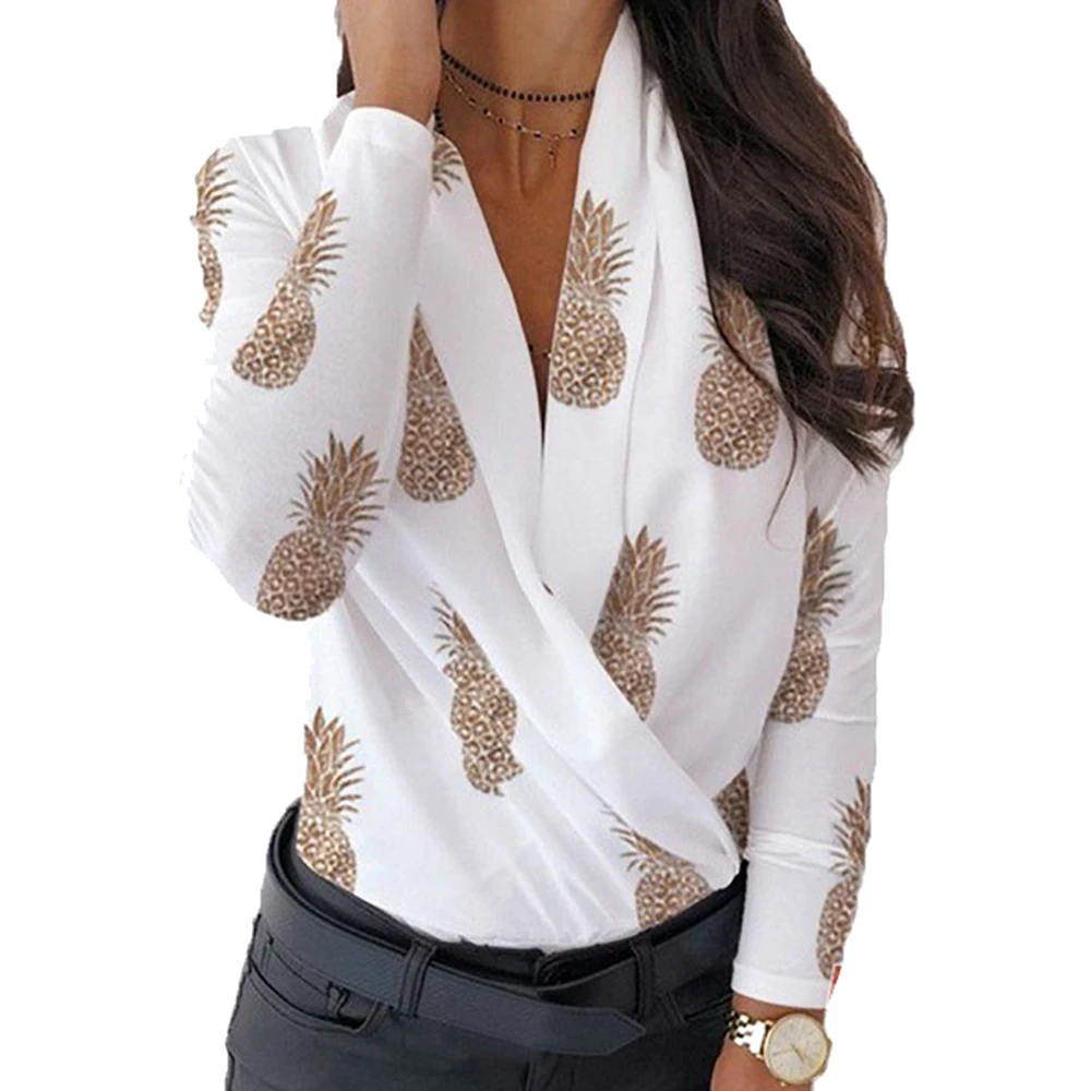 

Woman Pineapple Printing Letter Long-sleeved V-neck Shirts Spring And Autumn Ladies Fashion Sexy Casual Blouse New 2020