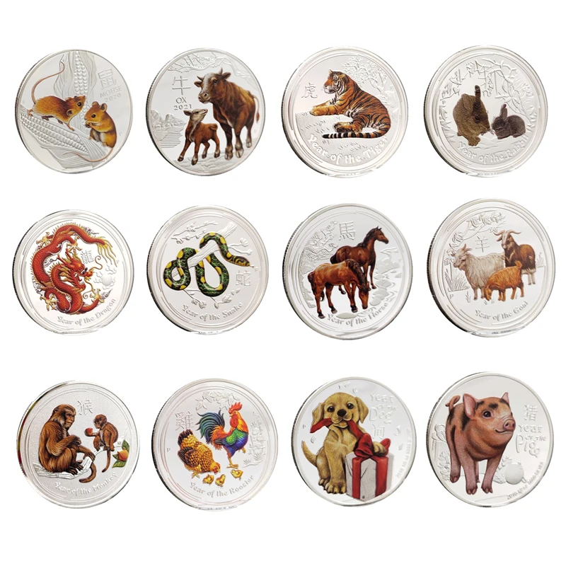 

Twelve Zodiac Painted Animals Collectible Coins Year Of The Tiger 2022 Gift Chinese Culture Coins Set Commemorative Medal Craft