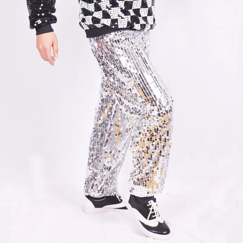 Костюмы в стиле хип-хоп мужские серебристые Брюки с блестками уличные