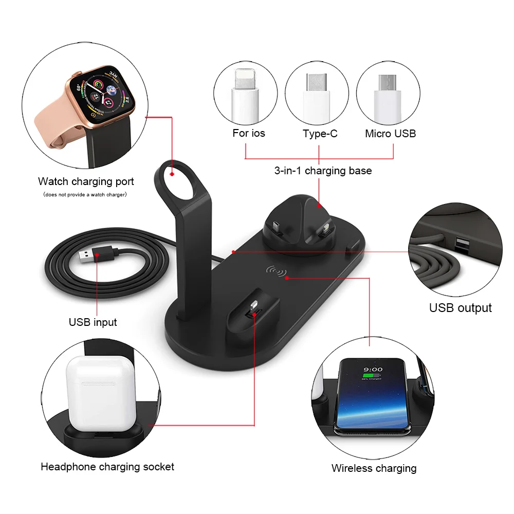 Najtaniej 10W Qi Bezprzewodowa ładowarka Stacja Dokująca 4 W 1 Dla IPhone 11 12 Airpods Pro Micro Typ C USB Stojak Szybkie ładowanie Dla Apple Watch 6