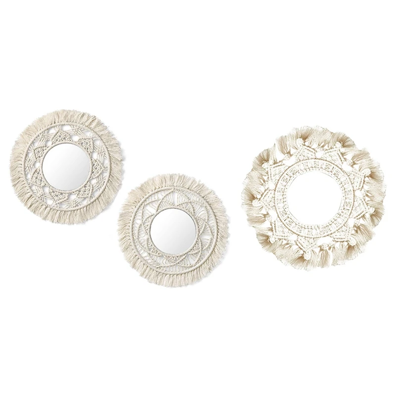 

3 шт. настенное висячее зеркало для макияжа ручной работы Плетеные настенные зеркальные гобелены с кисточками, 2 шт. A и 1 шт. B