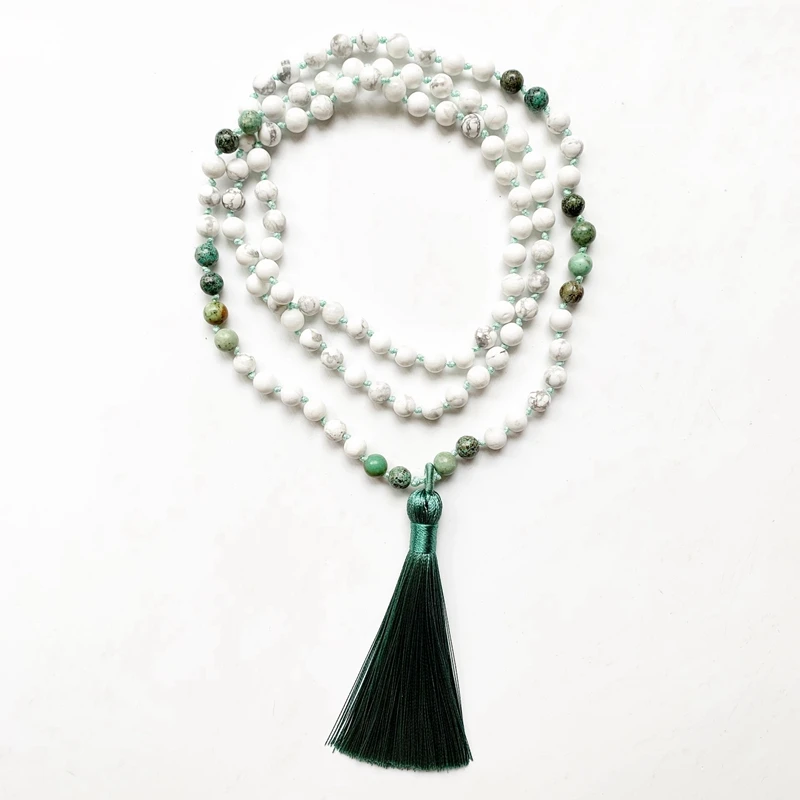 

6mm Mala Necklace 108 Natural Stone White Howlite African Stone Bead Prayer Mala Beads 108 Necklace Bracelet Tassel Knotted