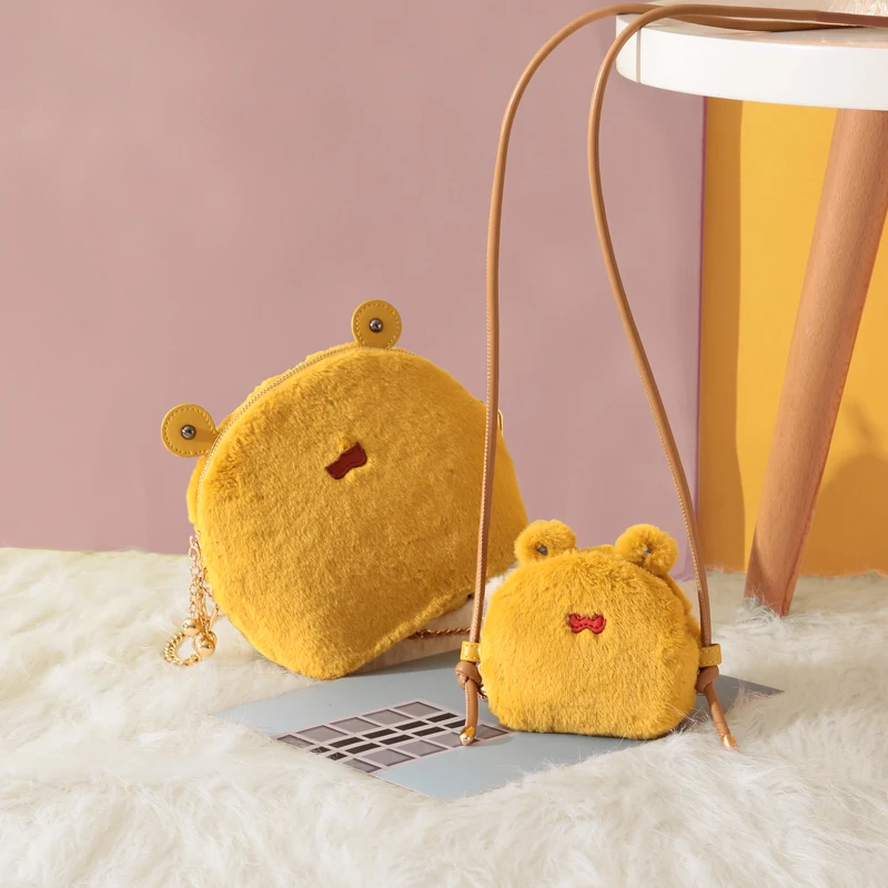 Пушистая желтая лягушка милая сумка через плечо в форме животного Милая мохнатая