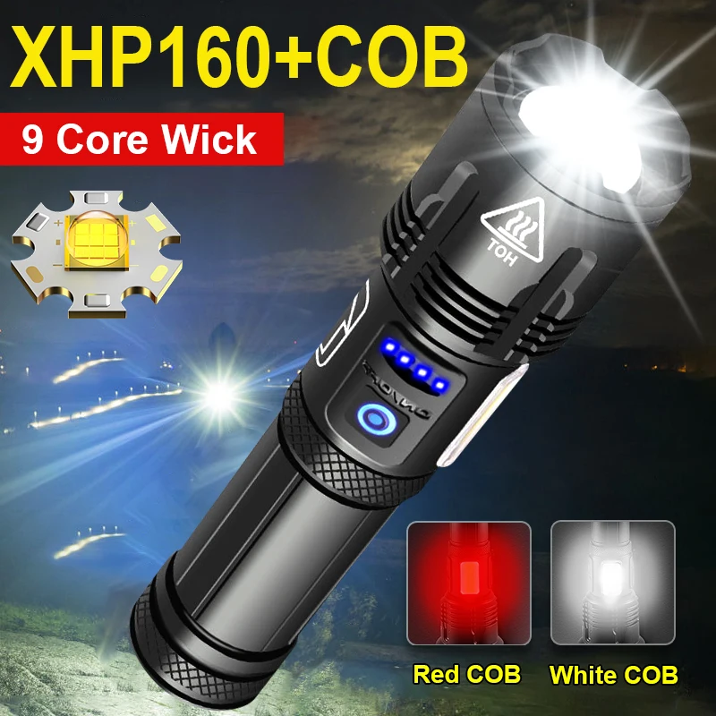 Новый XHP160 самая мощная светодиодная вспышка светильник COB 9 ти жильная фонарь 18650