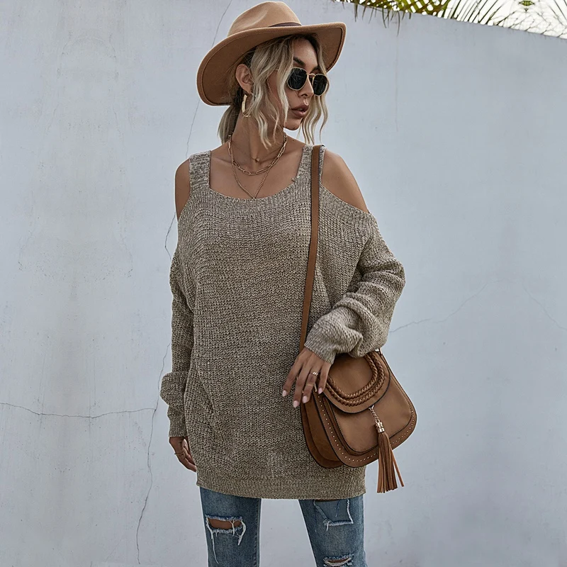 

Women Off Shoulder Sweaters Batwing Sleeve Loose Oversized Pullover Knit Tops Casual Solid Sweaters Khaki