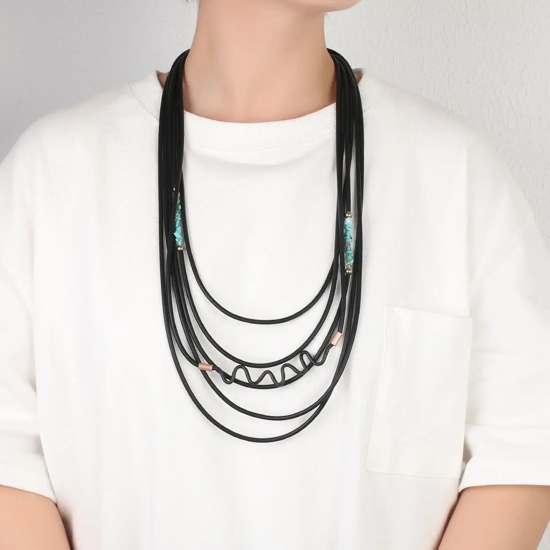

Amorcome Unique Design Black Rubber Cord Multilayer Necklace Handmade Natural Stone Long Women's Necklace Clothing Accessories