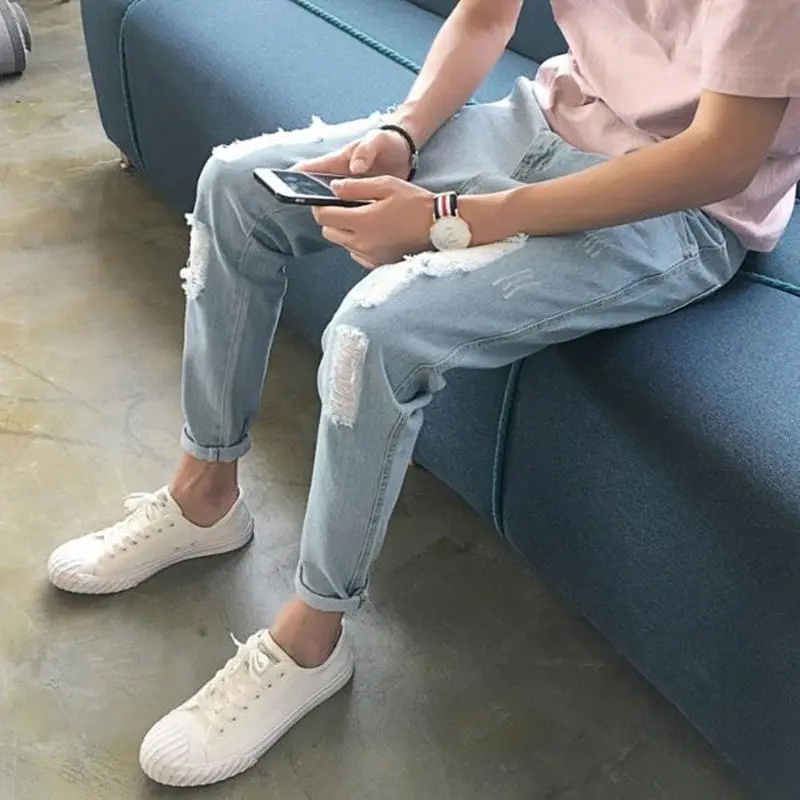 

Summer pants, men's version, nine-point pants 100-pair jeans, small legs students' leisure pants, seven-point pants broken holes