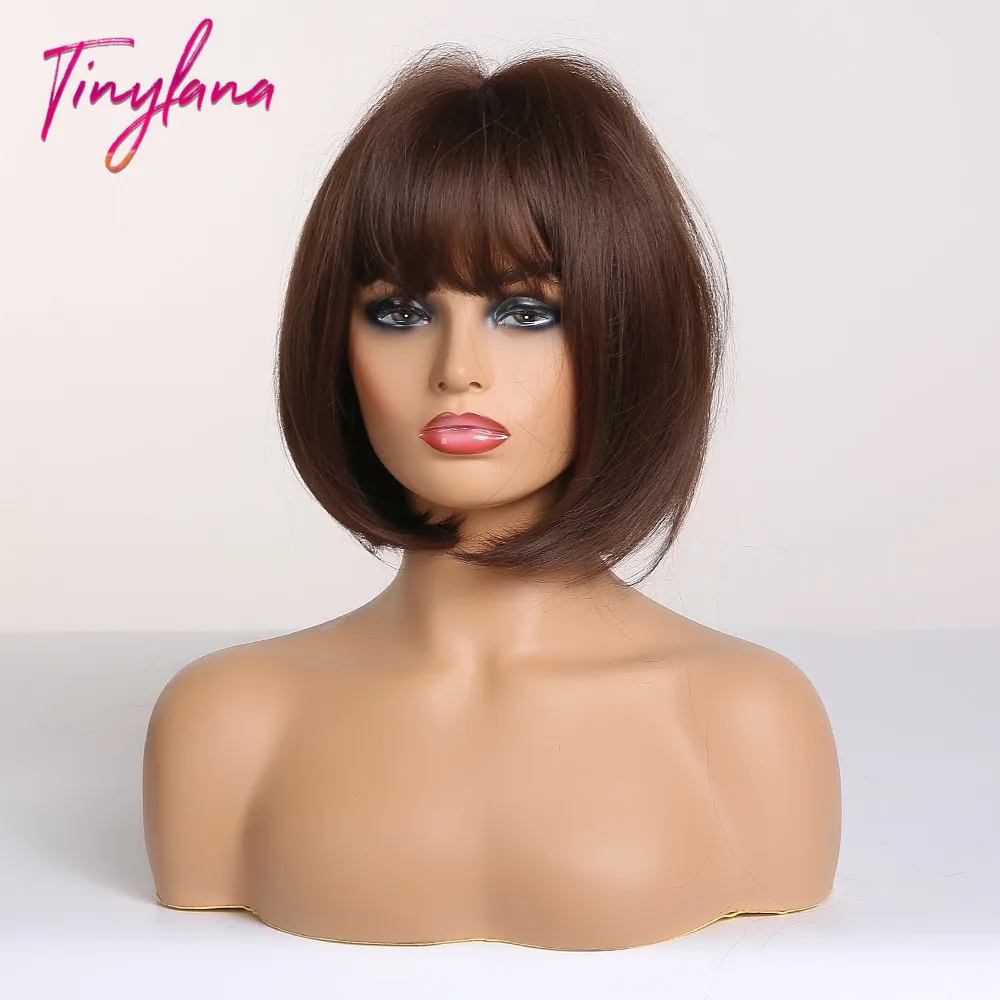 Крошечные прямые темно-коричневые синтетические парики Ланы с челкой для женщин