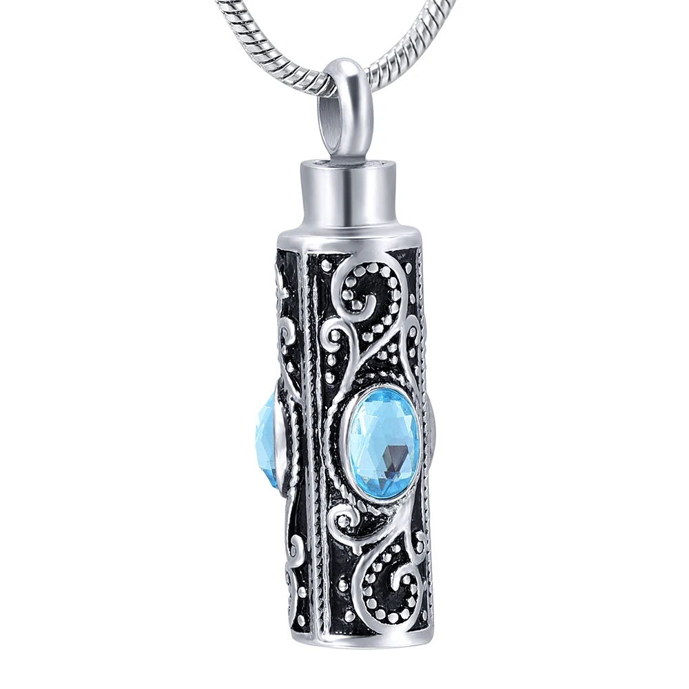 

GG78-23 Lake Blue Human Cremation Jewelry Tube Urn Stainless Steel Necklace Big Crystal Inlay Ashes Holder