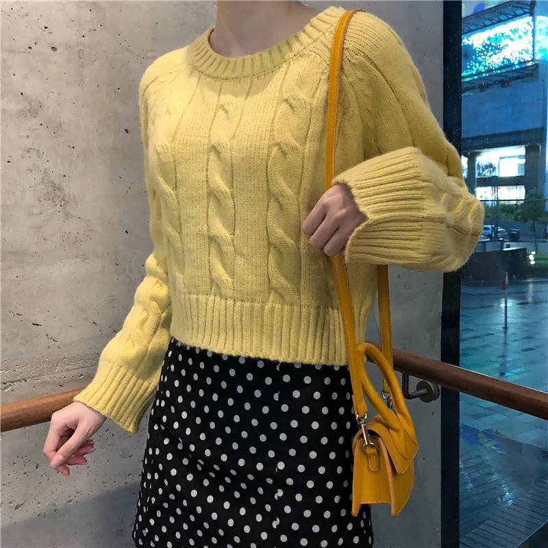 Autumn Winter New Women's Short Pullovers Sweater Twist Knitting Full Sleeve Solid Fashion Vintage Casual Tops T98506D