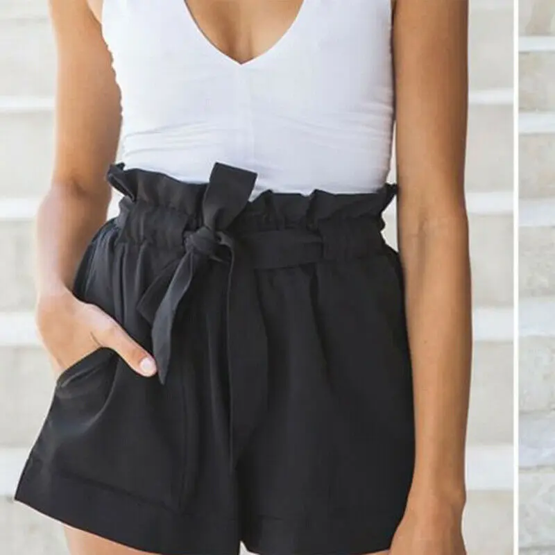 

Women High Waist Solid Shorts Lady Summer Causal Belt Bandage Bow Pockets Street Office Wear Plus Size
