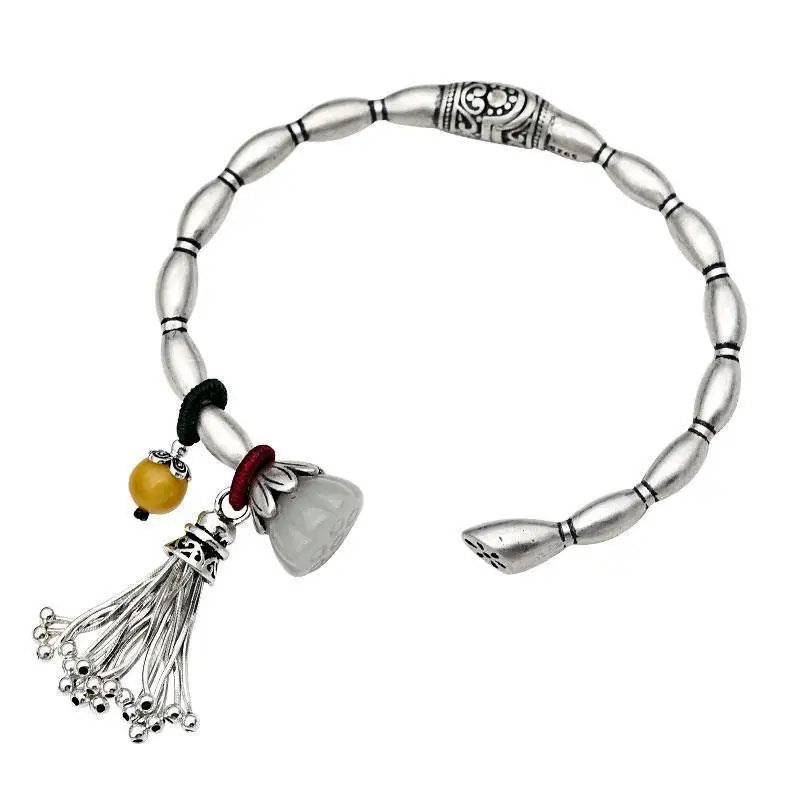 

Women's Silver Bracelet Fashion Ornament Solid Open Handmade Silver Vintage Hetian Jade Lotus Root Bracelet Silver Bracelet