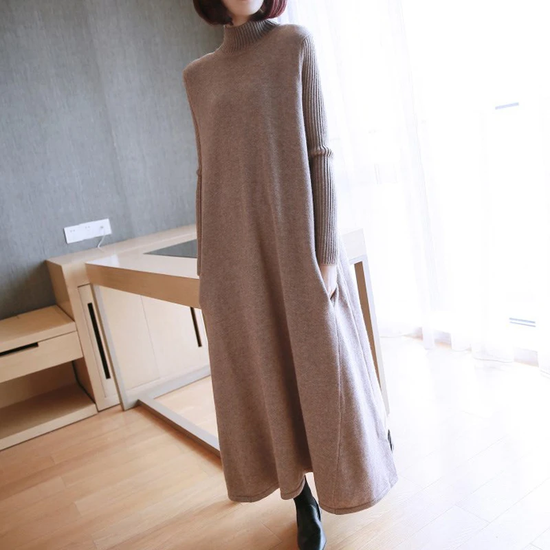 

Colorfaith New 2022 Knitted Pocket Turtleneck Flared Dresses Spring Winter Women Korean Fashion Chic Lady Midi Dresses DR1105JX