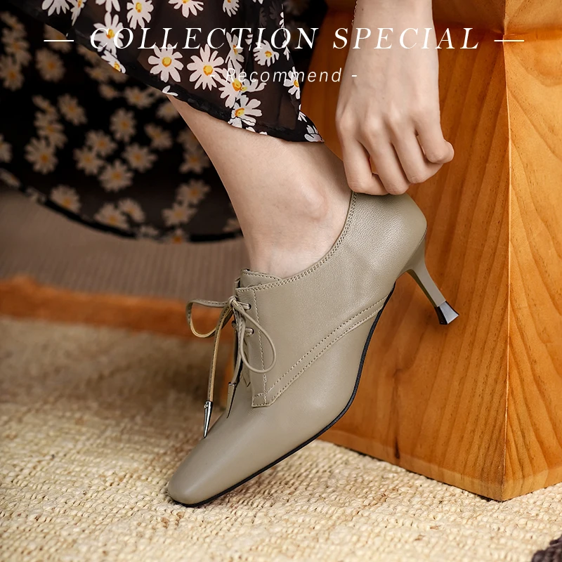 

Genuine Leather Lace-Up Women Shoes Fashion Spring and Autumn Shallow Pumps Square Toe High Heel Handmade Shoes Woman Size 34-39
