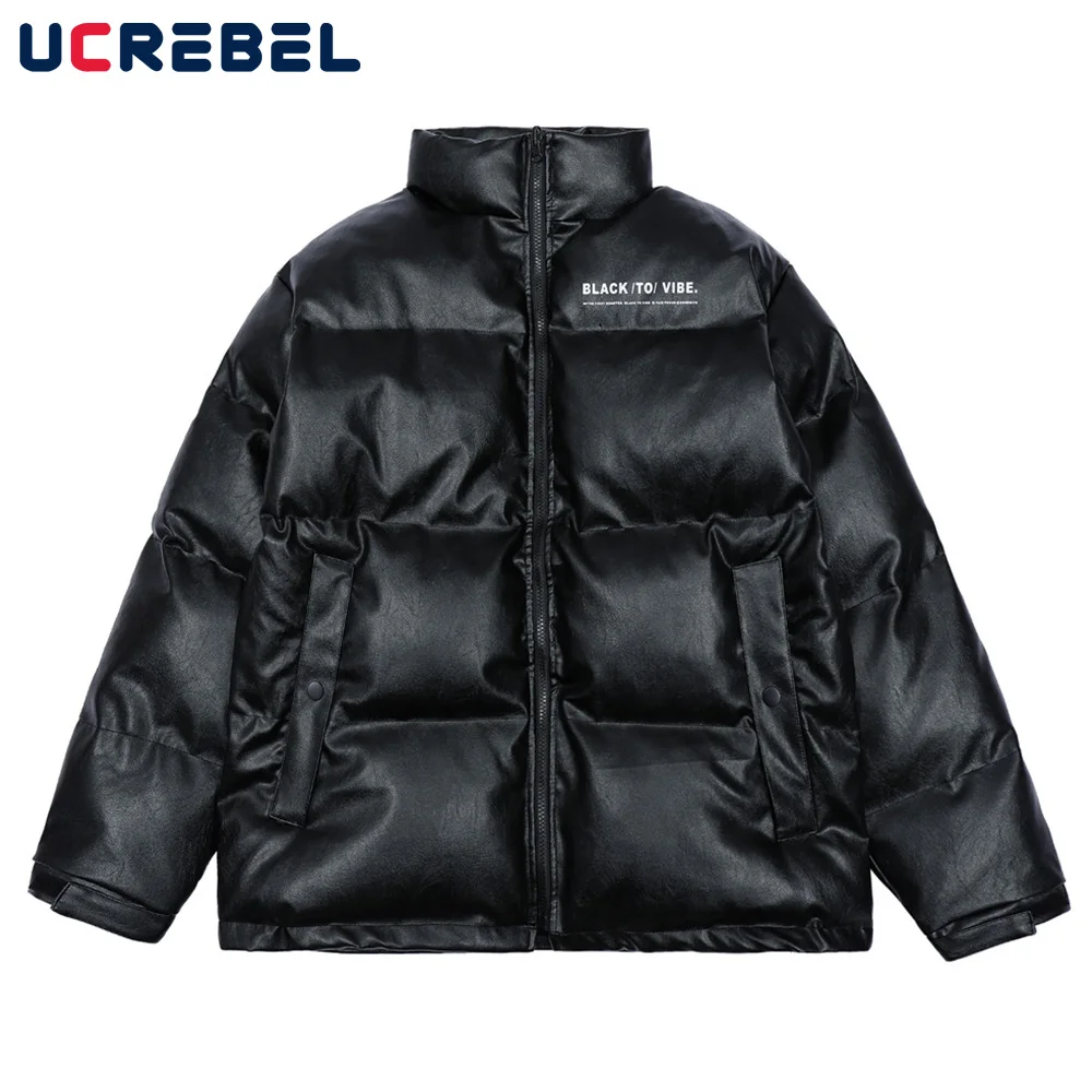 

Letter Print Quilted Jacket Mens Winter Streetwear Thick PU Leather Jacket Casual Loose Stand Collar Outerwear Men