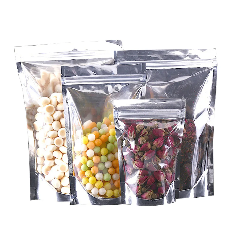 Thick 50pcs One Side Laser Ziplock Gift Bags Snack Nuts Beans Food Holographic Mylar Bags Clear Front Hologram Stand Up Pouches