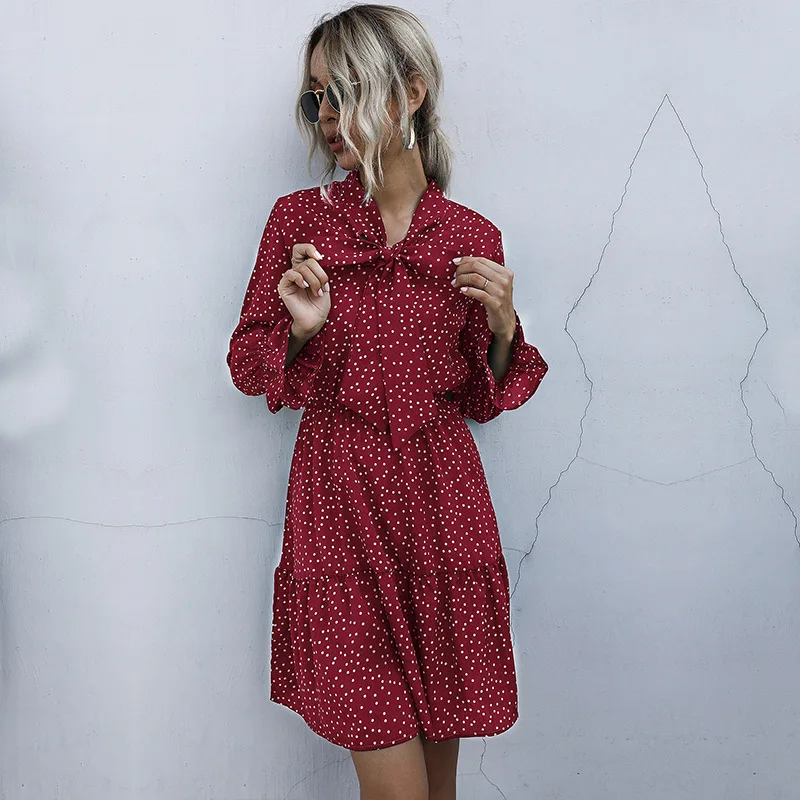 

European Chiffon Polka-point Scarf Collar Horn Long Sleeve Pleated Dress Women's Spring New Dresses Women