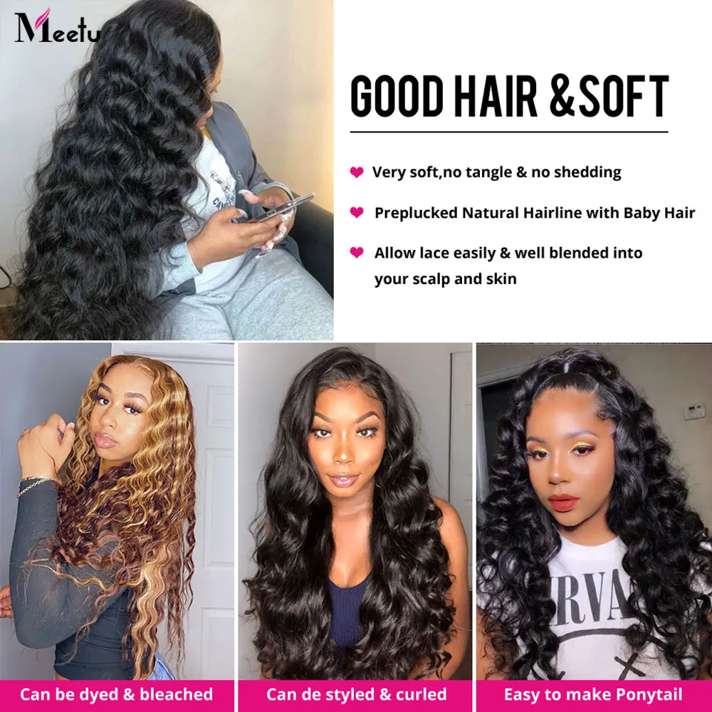 Meetu бразильский свободные глубокая волна пряди с закрытием Remy человеческие
