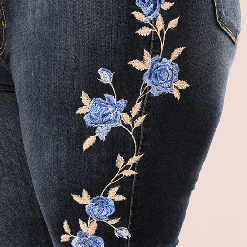 

Stretch Embroidered Jeans For Women Elastic Blue Flower Jeans Female Pencil Denim Pants Rose Pattern Pantalon Femme