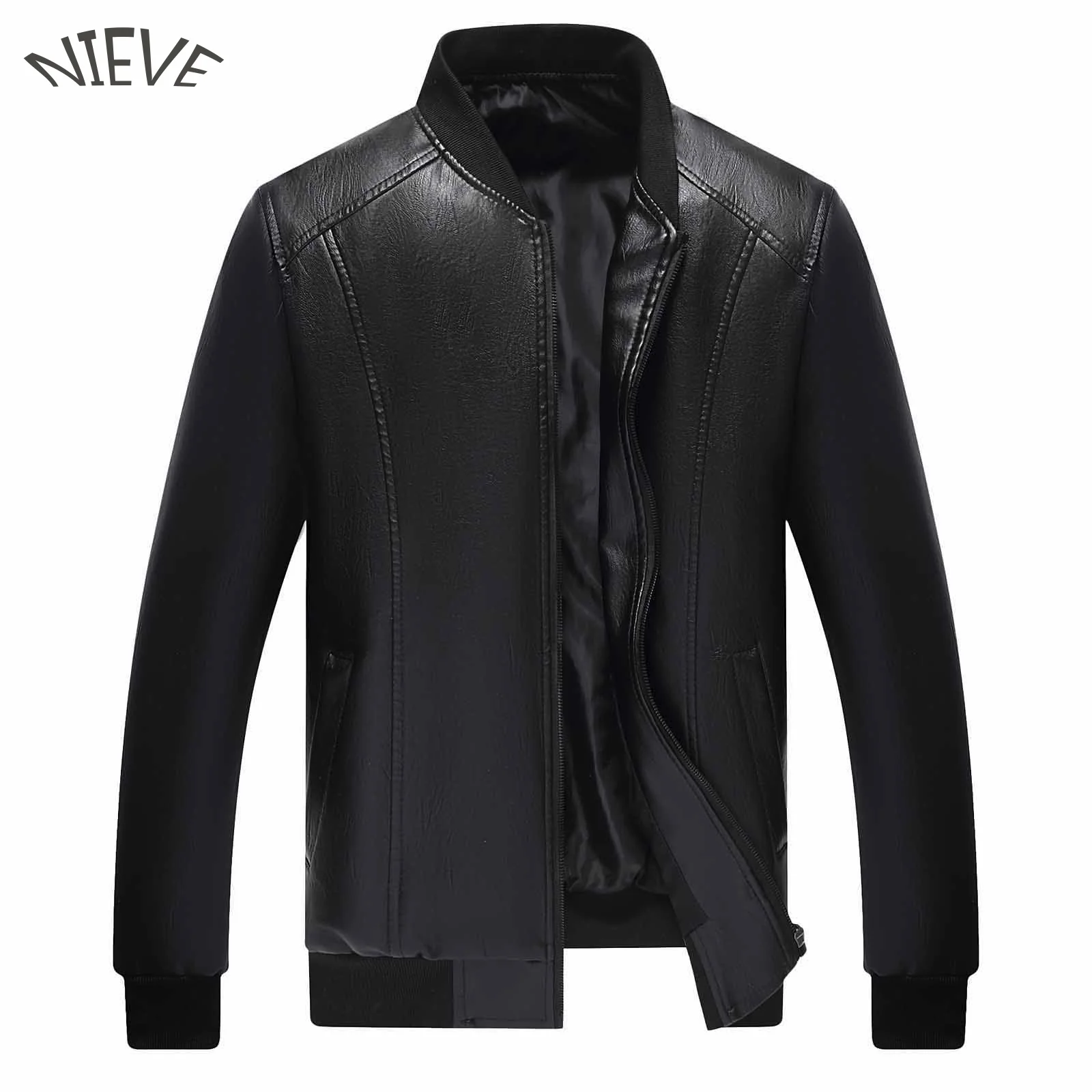 

Однотонная кожаная куртка с карманами, зимняя куртка, кожаная куртка с длинными рукавами, мужское красивое пальто с воротником-стойкой, про...