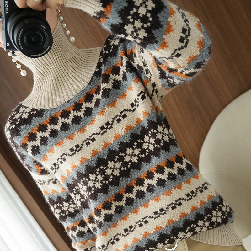 

100% Pure Wool Sweater Woman High Neck Jacquard Pullover Fashion Warm Knit Bottoming Shirt Autumn and Winter New Big Size