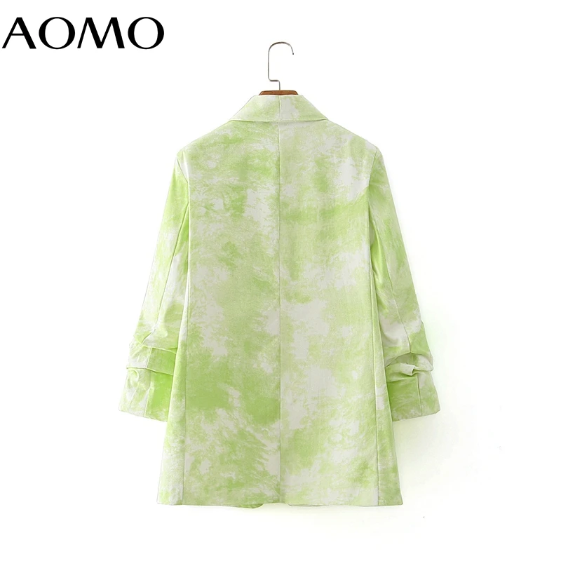 

AOMO Korean Fashion Women's blazer Tie dye Green Blazer Jacket Pleated Long Sleeve Female High Street Outerwear Chic Tops DA128A