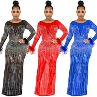 women sheer mesh patchwork rhinestone feather long maxi dress long sleeve see through package hip club evening party vestido