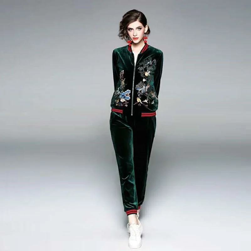 

Autumn Tracksuit 2021 Winter Velvet Set Women Floral Birds Embroidery Velour Coat Jacket+Ankle-Length Velvet Pant Set Clothing