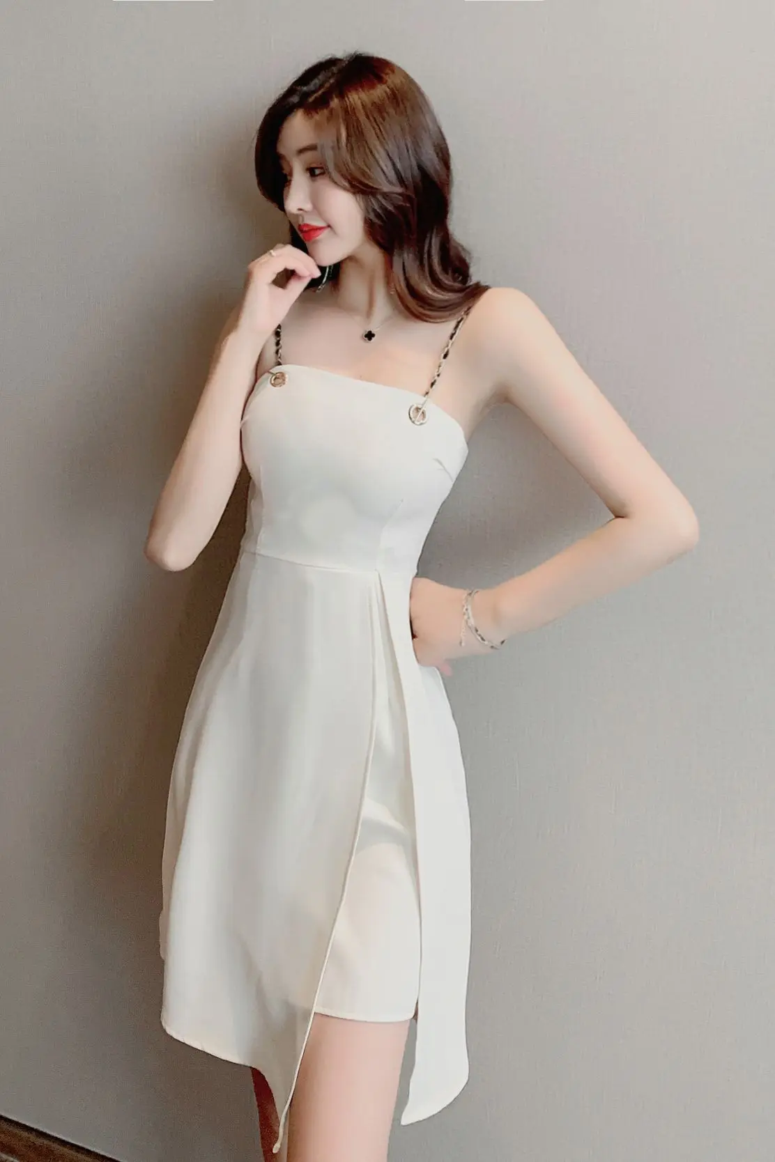 

COIGARSAM Women dress New Summer Spaghetti Strap Dresses Black Apricot 3921