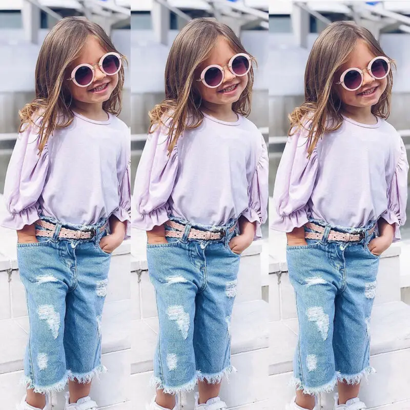 Осенняя одежда хлопковые топы для маленьких девочек футболка джинсовые длинные