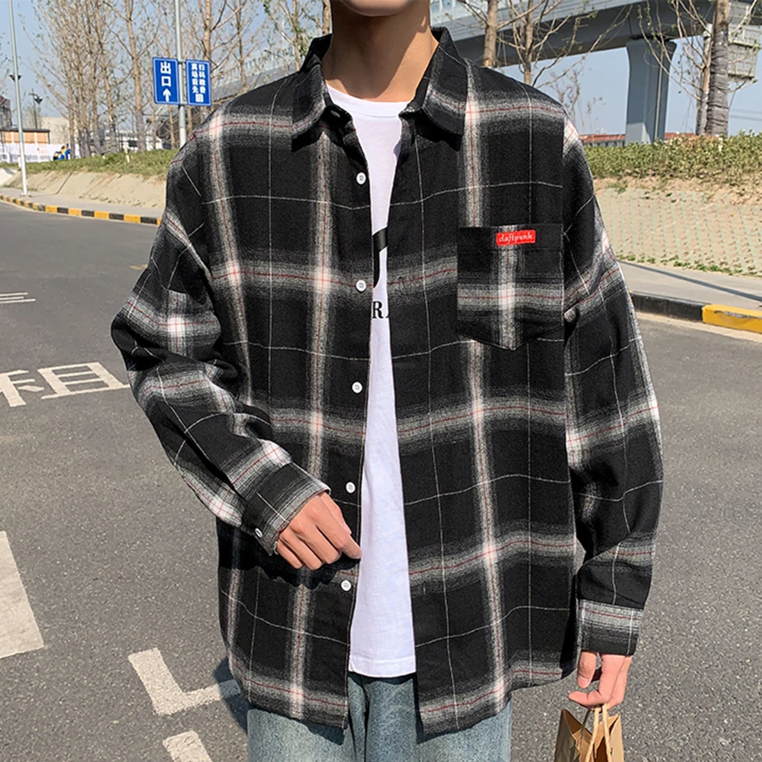 

2021 Plaid Shirt Spring Fashion Casual Shirt Loose Long Sleeve Button Up Shirt Streetwear Hiphop Lapel Collared Men clothing
